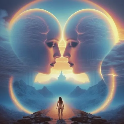 full nude very exotic and misty sky,two women standing in front of a sky with clouds,astral traveler,transcendence,transmuted,precognition,transfinite,entheogens,mediumship,lucidity,empath,transperson