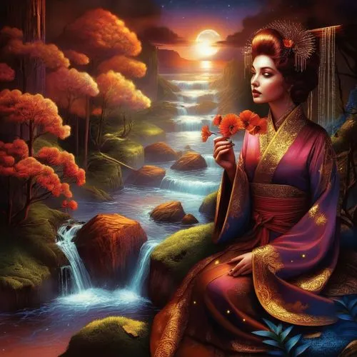 a painting that depicts a woman with flowers,oriental princess,geisha girl,kuanyin,oriental painting,geisha,guanyin,Illustration,Realistic Fantasy,Realistic Fantasy 25