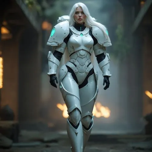 a beautiful woman in intricate futuristic white armor, adepta sorita, sister of battle, warhammer 40k, pale skin, blue glowing eyes, full body, curvy body, realistic, cinematic, ,female robot fighter 