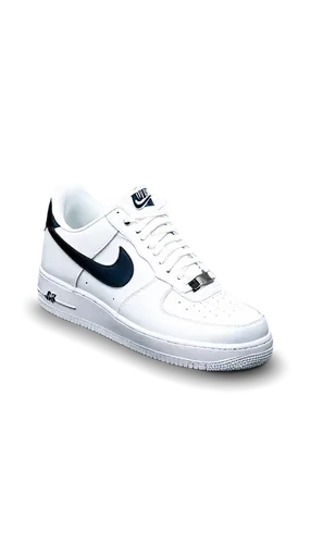 Nike Air Force 1, white sneakers, black swoosh logo, laces tied, silver metal eyelets, soft leather upper material, rubber outsole, low-top design, dynamic flying lines, sporty vibe, sharp angles, dra