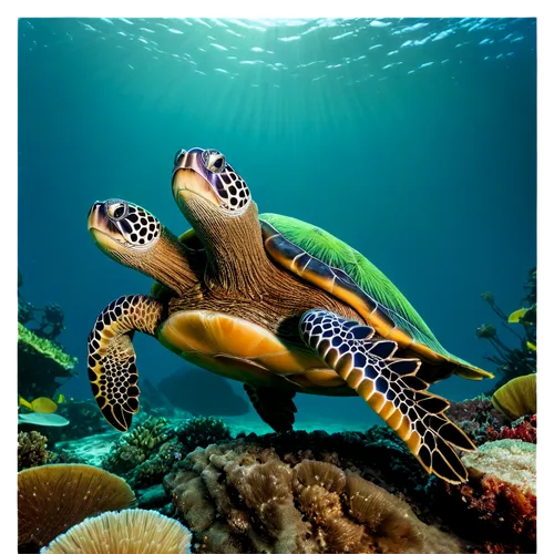 turtle, underwater, scuba diving, sea floor, coral reef, seaweed, green shell, flippers, oceanic lighting, 3/4 composition, shallow depth of field, warm color tone, realistic texture.,green sea turtle