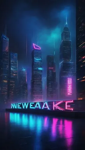 Newake font, modern, sans-serif, bold, metallic, reflective surface, 3D effect, neon lights, dark background, futuristic, high-tech, robotic, sci-fi atmosphere, abstract composition, low-angle shot, d