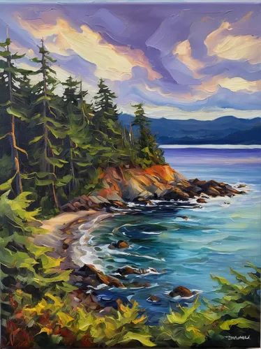 End of Storm Georgina Point Mayne Island 8 x 10 oil on canvas by Terrill Welch,coastal landscape,beach landscape,sea landscape,landscape with sea,seascape,rocky coast,tofino,an island far away landsca