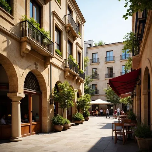 Rustic market square, warm beige stone fa\u00e7ades, ornate Romanesque arches, vibrant greenery, colorful awnings, medieval-inspired signage, intricate carvings, grand entrance doors, rounded columns,