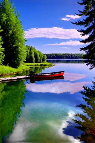 Fishing landscape, serene lake, sunny day, clear blue sky, fluffy white clouds, trees along shoreline, lush green grass, fishing boat, wooden dock, water ripples, calm atmosphere, warm lighting, soft 