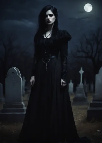 A brooding goth woman stands alone in a moonlit graveyard, her eyes filled with melancholy.,gothic woman,gothic portrait,gothic fashion,gothic dress,dark gothic mood,gothic style,dark angel,goth woman