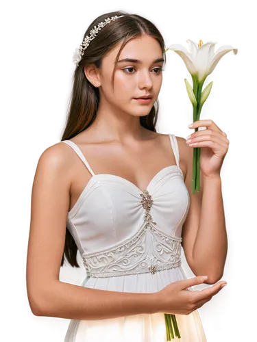 Sympathetic girl, white dress, solo, (18yo), gentle facial expression, soft brown hair, minimal makeup, holding white lily, standing, subtle tear in eye, mournful atmosphere, warm lighting, cinematic 