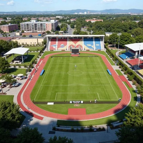 Vibrant sports field, lush green grass, athletic track lanes, stadium seating, scoreboard displays, floodlighting, modern architectural design, sleek metal fences, natural stone walkways, community ga