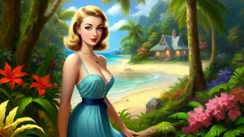 Romantic masterpiece oil painting, cute girl portrait, nostalgic 1950's style kitsch, vibrant rainforest landscape, lush tropical jungle paradise, summer beach cottage scenery, by Thomas Kinkade, by B