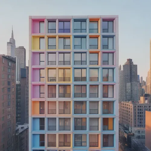 Moving from bottom to top,the side of a multi - colored building with lots of windows,kimmelman,colorful facade,cubic house,tishman,multifamily,mondriaan