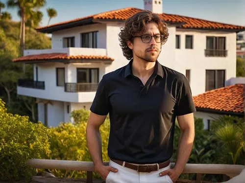 Mature male, 30 years old, architect, standing, hands on hips, white shirt, black pants, black glasses, messy brown hair, slight beard, villa, residential area, afternoon sun, warm light, detailed roo