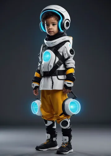 Design a futuristic outfit for a tech-savvy child in a world filled with advanced wearables.,space suit,astronaut suit,spacesuit,space-suit,astronaut,aquanaut,minibot,baby-penguin,astro,cosmonaut,spac