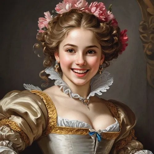 portrait of a girl,a girl's smile,franz winterhalter,rococo,romantic portrait,portrait of a woman,jane austen,young woman,girl portrait,bougereau,victorian lady,fantasy portrait,woman with ice-cream,woman portrait,a charming woman,young lady,vintage female portrait,girl in a historic way,painting technique,comely,Art,Classical Oil Painting,Classical Oil Painting 01