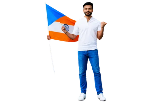 National flag, Independence Day, patriotic, solo, male, 30s, strong facial features, short hair, beard, white kurta, blue jeans, holding flag, standing, proud expression, Indian traditional attire, wa