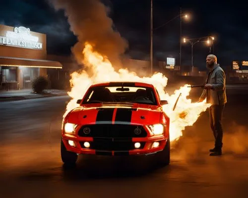 A Red 2022 GT500 Mustang sports car with two black race stripes, Car on Fire, Realistic, cinematic, ,a man on a street holding onto a cane as he stands next to a car,ford mustang,burnout fire,mustang,