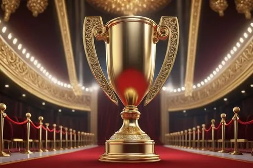 Modern trophy, sleek metallic base, spiral design, golden accents, engraved winner's name, prestigious ceremony, grand auditorium, luxurious red carpet, elegant chandeliers, sophisticated audience, ap