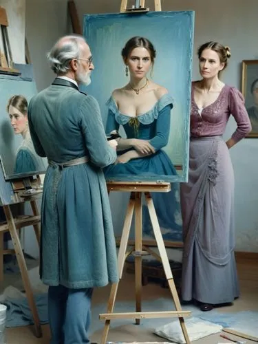 The picture shows the famous German painter Franz Lenbach (Munich) from behind in the foreground, painting at an easel. On the easel is a half-finished portrait of Anna Schäffer. In the blurred backgr