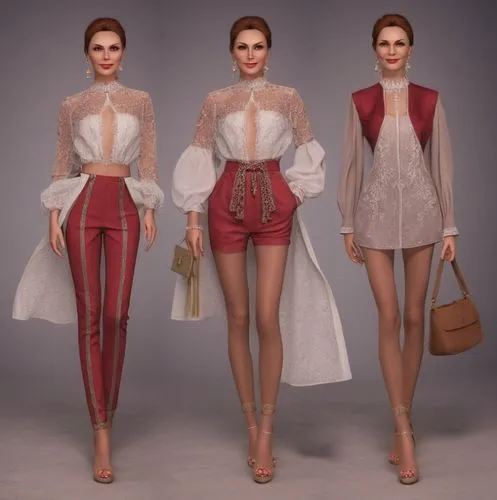 three female models with their red and white clothes,refashioned,bodices,fashion dolls,moschini,women fashion,vintage fashion,Photography,General,Realistic