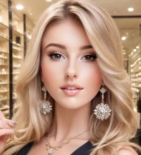 blonde, gorgeous, smiling, Instagram, chic, fashion, trying on glitzy earrings in a jewellers shop,diamond jewelry,jewelry,earrings,jeweled,bridal jewelry,realdoll,lycia,beautiful face,beautiful young