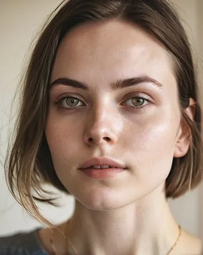 A person's face, close-up, frontal view, soft focus, subtle facial expression, gentle eyes, thin eyebrows, nose ring, natural makeup, slightly rosy cheeks, pale skin tone, straight hair, parted at the