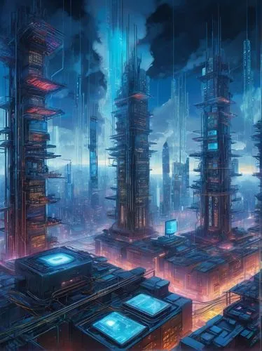 cybercity,futuristic landscape,arcology,cybertown,cyberport,cyberworld,metropolis,cyberia,cityscape,dystopian,neuromancer,fantasy city,coruscant,destroyed city,skyscraper town,dystopias,cyberpunk,skyscrapers,mainframes,ancient city,Illustration,Black and White,Black and White 25