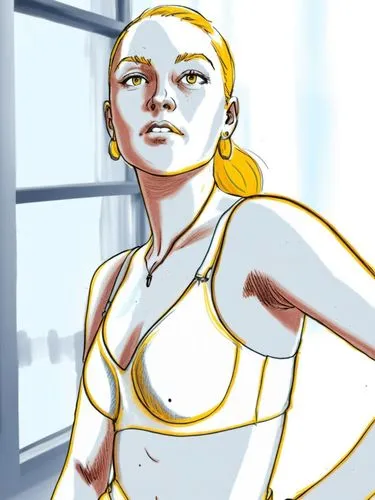 simple drawing of a woman with blonde hair in a dress near a window,a woman in white is standing with yellow hair,rotoscoped,mckelvie,rotoscope,sigyn,chell,cel shading,Conceptual Art,Fantasy,Fantasy 2