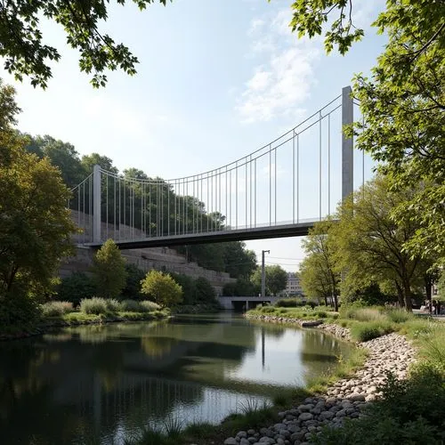 Riverbank scenery, lush green vegetation, tranquil water flow, suspension bridge, modern architectural design, steel cable systems, concrete piers, gentle curve alignment, pedestrian walkways, bike la