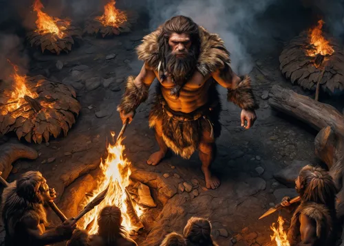 Fire war, Neanderthal tribe, wearing animal skins, hunting mammoths,cave man,neanderthal,neanderthals,caveman,sadhus,biblical narrative characters,prehistoric art,prehistory,paleolithic,shamanism,ston