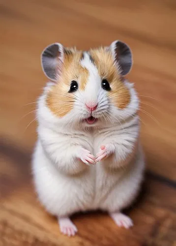 Cute hamster, white fur, pink nose, holding up hand, V-sign, peaceful gesture, soft focus, warm lighting, wood grain background, natural texture, shallow depth of field, adorable expression, furry bod