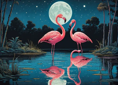 flamingos,cuba flamingos,flamingoes,flamingo couple,pink flamingos,pink flamingo,two flamingo,flamingo,greater flamingo,flamingo pattern,swans,tropical birds,water birds,constellation swan,swan lake,songbirds,whimsical animals,night scene,moons,night bird,Illustration,Vector,Vector 15