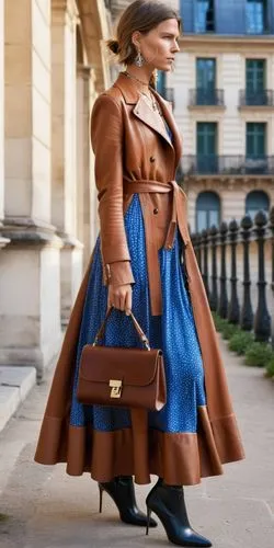 Fashion show ,a woman wearing a long brown coat and blue dress,delvaux,celine,parisienne,longchamp,maxmara,marni,Photography,General,Realistic