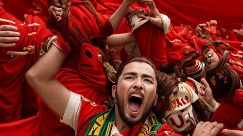 Bengala roja nitida, personaje miniatura, personaje joven, personaje euforico, personaje con camiseta crema,the sea of red,red banner,football fans,brazilian monarchy,money heist,the portuguese,world 