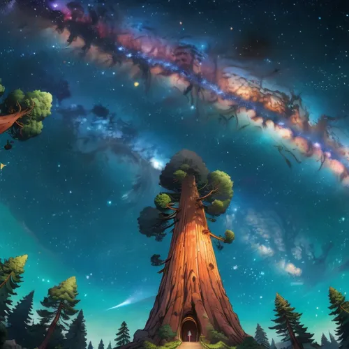 entering a giant sequoia on a starry night, fantasy,wildstar,magic tree,ent,yggdrasil,shagbark,starbound