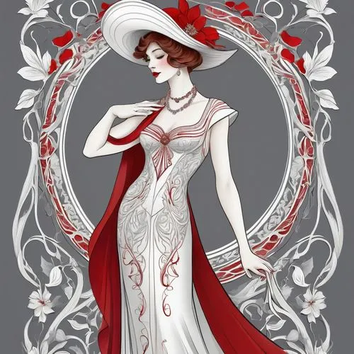 art nouveau design,white rose snow queen,victorian lady,rose white and red,art deco woman,queen of hearts,art nouveau,white and red,bridal clothing,evening dress,white winter dress,suit of the snow maiden,victorian style,victorian fashion,priestess,the snow queen,celtic queen,fashion illustration,porcelain rose,bridal dress,Illustration,Retro,Retro 08