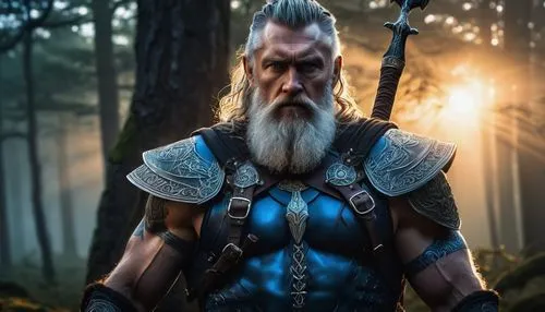 Nordic god Odin, muscular man, facial close-up, detailed beard, piercing blue eyes, intricate tattoos on arms, chest, and back, leather-bound armor, silver brooches, Asgardian sword at side, mysteriou