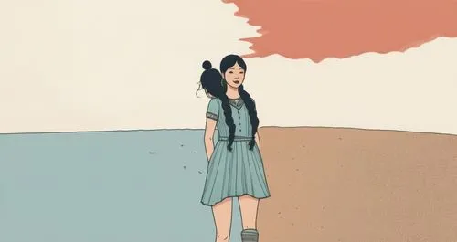 Line drawing of a human couple.,an image of a girl standing on the beach with her ponytail blowing in the wind,tatsuro,rotoscoped,rotoscope,rotoscoping,girl in a long dress,yoshimi,Illustration,Vector