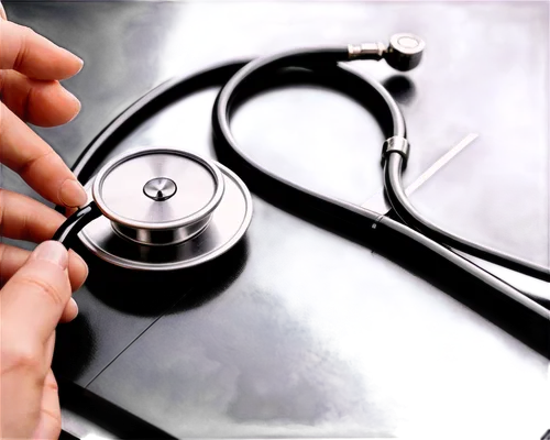 Stethoscope, medical tool, silver metal, round chest piece, black tubing, shiny surface, detailed textures, doctor's hand holding, close-up shot, shallow depth of field, soft natural lighting, 3/4 com