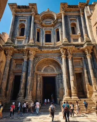 Ancient, grand, mysterious, stone architecture, intricate carvings, ornate details, massive pillars, high ceilings, stained glass windows, majestic entrance, guided tour, group of tourists, listening 