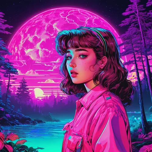 80s,80's design,digital art,digital illustration,vapor,aesthetic,digital artwork,lunar,ultraviolet,digitalart,aura,retro girl,world digital painting,digital painting,pink-purple,pink dawn,digital,neon lights,retro background,colorful background,Conceptual Art,Sci-Fi,Sci-Fi 28