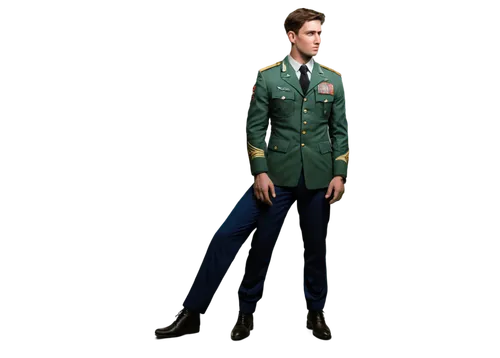  Soldier, masculine, serious facial expression, strong jawline, short brown hair, blue eyes, prominent nose, military uniform, green jacket, golden buttons, white shirt, black tie, formal pants, black