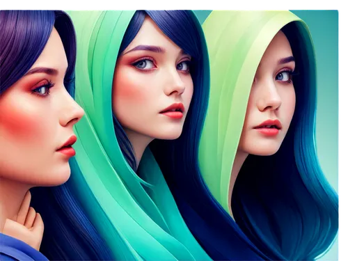 9 composition, panoramic view, vibrant colors, realistic texture, detailed centers.,three women with colored hair in the face,illyria,demoiselles,gradient mesh,spica,encantadia,karou,triplicate,colour