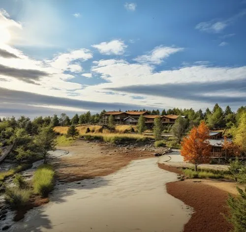 the view from the bridge of the river and homes,sunriver,grayhawk,colorado riverway bridge,termales balneario santa rosa,pagosa,prineville,Photography,General,Realistic