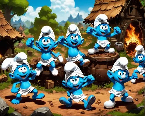 smurfs in their village celebrating,smurf,smurf figure,scandia gnomes,gnomes,skylanders,clones,hatchlings,gnomes at table,avatar,clone jesionolistny,scandia gnome,guards of the canyon,blue eggs,troop,