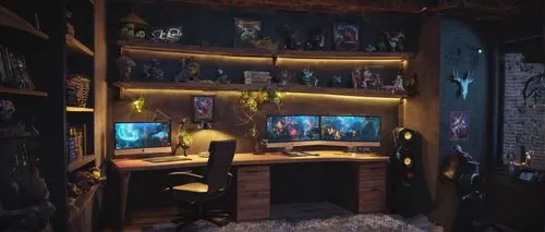 game room,little man cave,batcave,computer room,creative office,playroom,boy's room picture,dark cabinetry,monitor wall,workspace,home office,bureau,playing room,arkham,great room,desk,gamer zone,redecorated,kamer,walk-in closet,Illustration,Realistic Fantasy,Realistic Fantasy 02