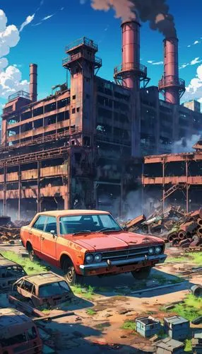 refinery,industrial landscape,factory,factories,scrapyard,industrial ruin,rusty cars,junkyard,wasteland,post-apocalyptic landscape,industries,gunkanjima,chemical plant,industrial area,industrial plant,scrap yard,old factory,suburb,dream factory,factory ship,Illustration,Japanese style,Japanese Style 03