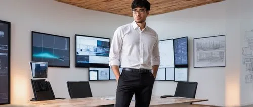 Modern architect, solo, (30yo), glasses, short black hair, white shirt, black tie, formal pants, leather shoes, holding tablet, standing, in front of a large screen display, architectural software int