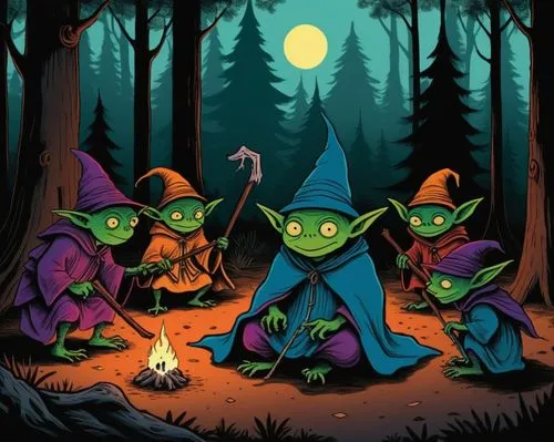 three cartoon witches with fire and trees,goblins,celebration of witches,witches,elves,scandia gnomes,halloween background,Illustration,Children,Children 06