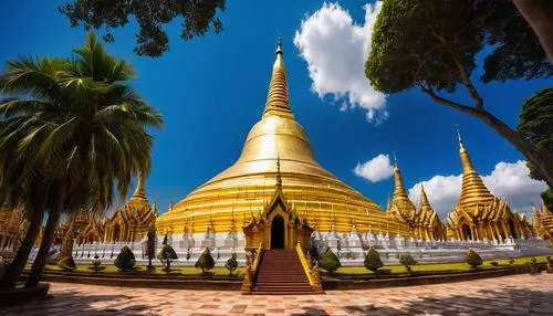 Ancient Myanmar architecture, Shwedagon Pagoda, golden stupa, intricate carvings, ornate decorations, tiered roofs, grand entrance, stone walls, red bricks, tropical trees, palm trees, blooming flower