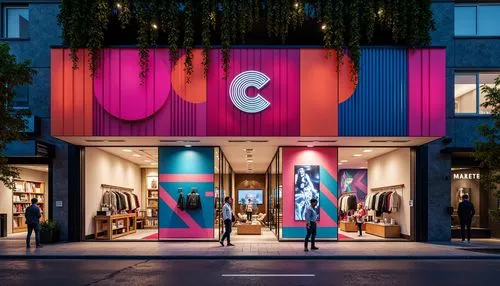 Vibrant retail space, bold color blocking, contrasting hues, geometric patterns, abstract shapes, futuristic neon lights, metallic accents, glossy finishes, urban cityscape, bustling streets, trendy f