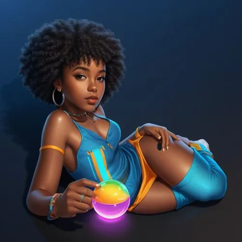 a black girl, afro girl, photorealistic art, a black girl, girl lying down, calm girl, photorealistic art.,a woman wearing blue is playing with a glowing ball,afrofuturism,kori,anakara,neith,lumo,lumi